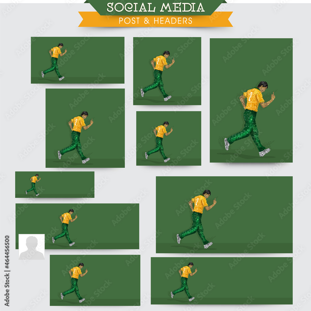 Fototapeta premium Social Media Posts And Header Set With South Africa Cricket Bowler Player On Green Background And Copy Space.