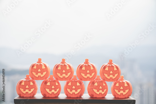 a lot of Halloween pumpkin lamps. photo