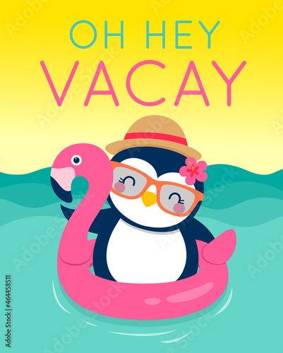 Cute penguin with inflatable flamingo cartoon illustration for summer holidays concept.
