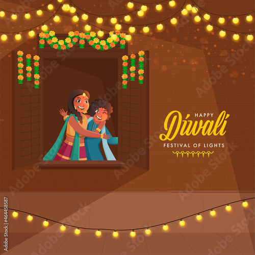 Happy Diwali Celebration Concept With Indian Kids Hugging To Each Other At Window And Lighting Garland Decorated Brown Background.