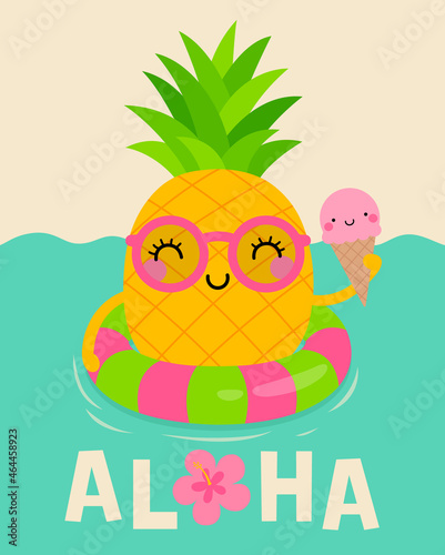 Cute cartoon pineapple floating in the ocean. Illustration design for summer holidays concept.