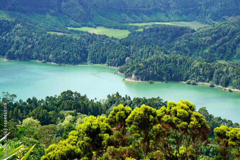 green and blue lake in cidade on the azores islands