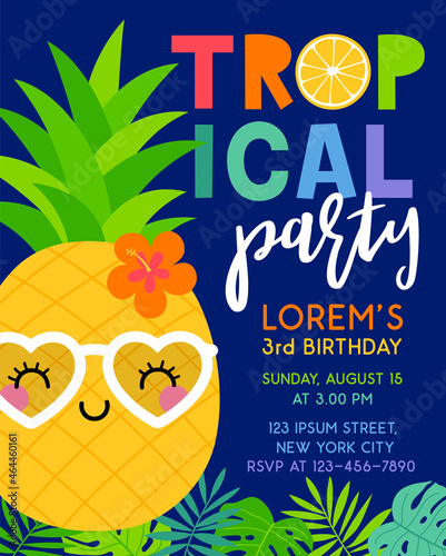 Cute pineapple and tropical leaf illustration for party invitation card template.