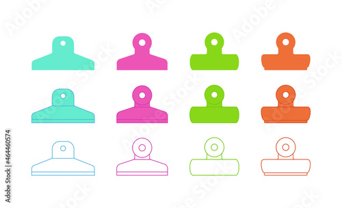 Paper picking clip graphic illustration set. A collection of bulldog clip icons of various types.