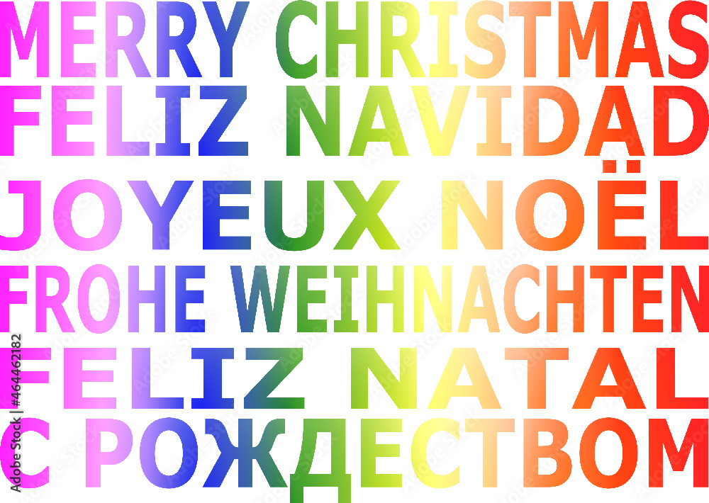 Felicitación de FELIZ NAVIDAD en varios idiomas con letras en arcoíris