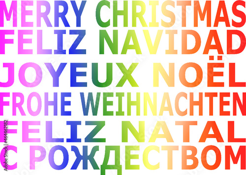 Felicitación de FELIZ NAVIDAD en varios idiomas con letras en arcoíris