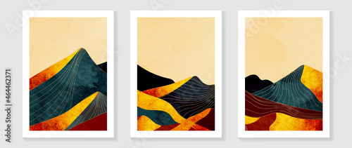 Luxury Gold Mountain wall art vector set. Landscapes abstract line art design for print, cover, wallpaper, Minimal and  natural wall art. 