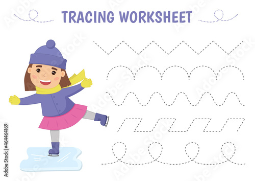 Tracing lines and handwriting practice sheet for children. A cute girl is skating on ice in winter. Writing training printable worksheet with with wavy lines on white background. Vector illustration.