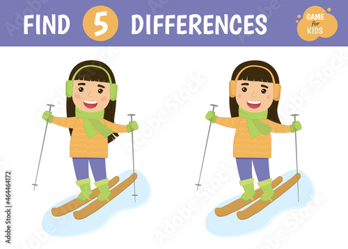 Find the differences. A girl is skiing. Children's game of mindfulness. Vector illustration.