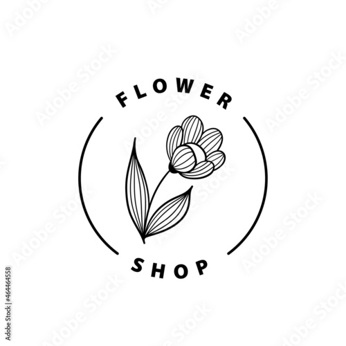 Minimal flower shop logo design. Line art floral element. Black and white ink illustration.