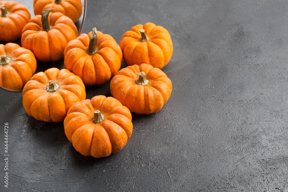 Orange decorative pumpkins with reflection in round mirror. Autumn and Halloween stylish home decor. Orange decorative pumpkins with reflection in round mirror. Autumn and Halloween stylish home decor.