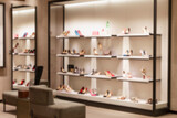 A collection of beautiful and elegant womens shoes on a showcase in a boutique. Fashion, style and beauty. Blurred.
