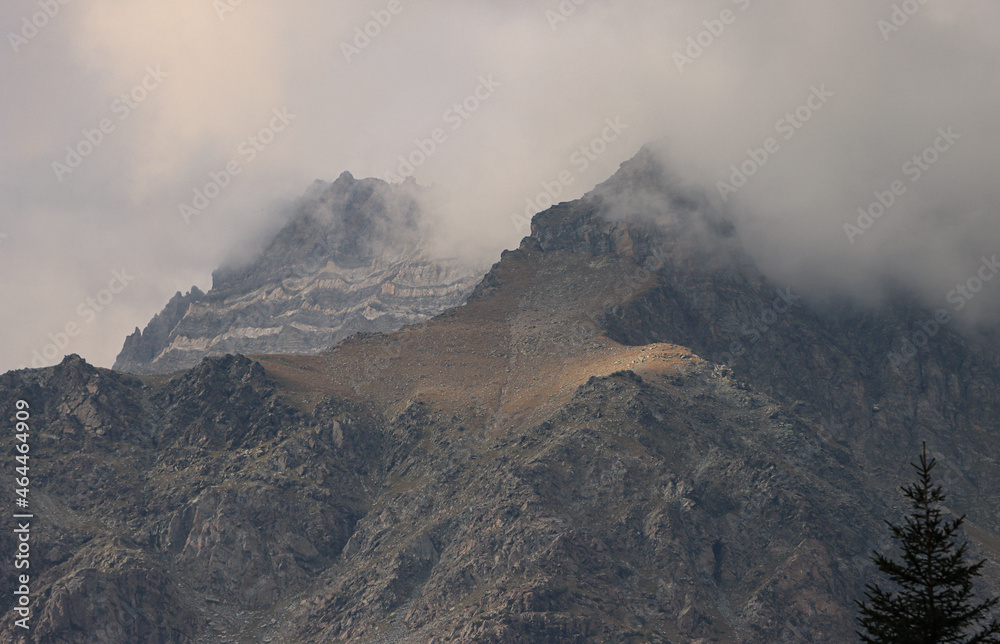 Gipfel im Nebel; Pizzo Malenco und Sassa d' Entova über dem Valmalenco (Bernina-Alpen)