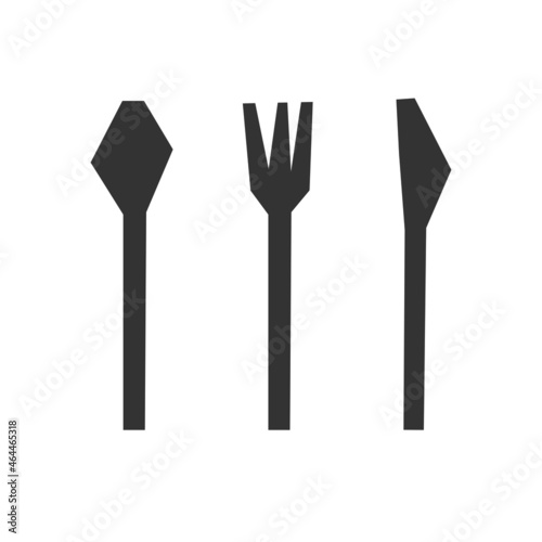 Vector flat isolated illustration with simplified and geometric images of kitchen cutlery: knife, soup spoon, fork. Black logos. White background