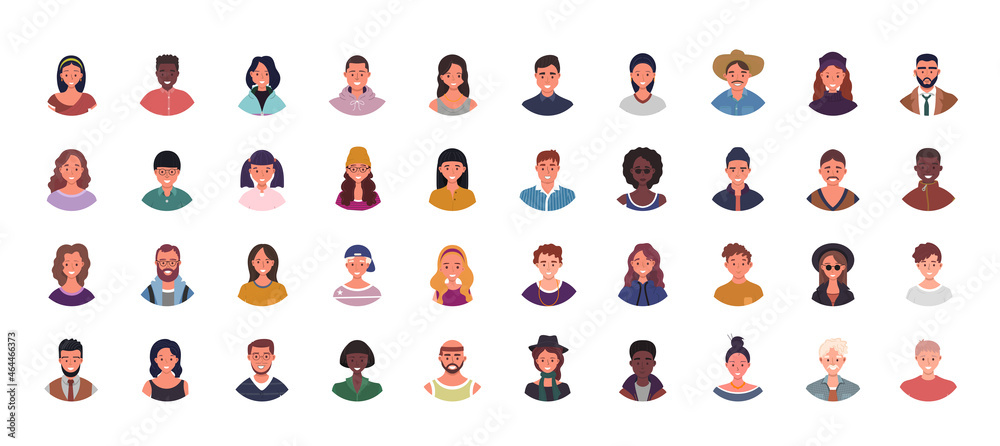 Set of various people avatars illustration. Multiethnic user portraits. Different human face icons. Male and female characters. Smiling men and women.
 - obrazy, fototapety, plakaty 