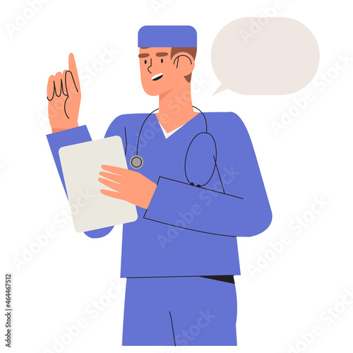 Male doctor, surgeon or nutritionist make a diagnosis or give advice. Mediacl specialist with speach bubble give prescription and online consultation to his patient. Cartoon character with tablet.