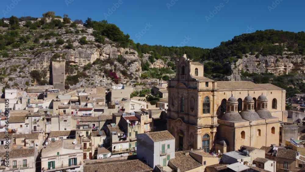 flying towards famous church in baroque Sicilian town of Scicli flying towards famous church in baroque Sicilian town of Scicli