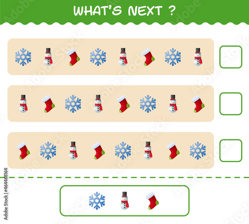 What's comes next educational game of cartoon christmas. Find the regularity and continue the row task. Educational game for pre shool years kids and toddlers