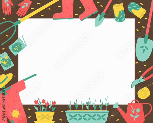 Lining with garden tools in a horizontal position. Gardening tools, shovels, gloves, watering can, plants, seeds, pots, pruning shears, pitchfork, stuffed animal. Flat vector illustration.