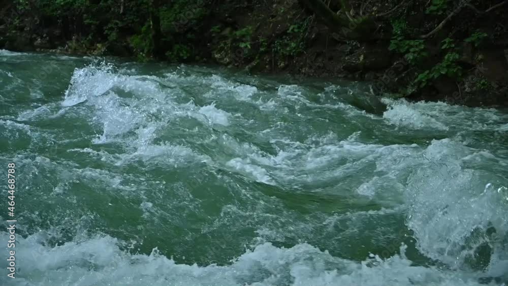 Wonderful fresh water rapids waterfalls river flowing through forest in early sprting	