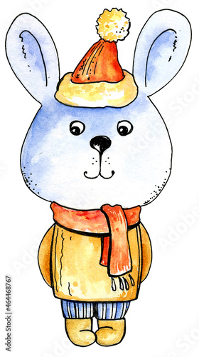 Watercolor funny rabbit in warm clothes, winter bunny, colorfool illustration photo