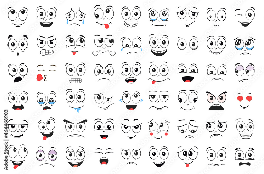 Cartoon faces set. Angry, laughing, smiling, crying, scared and