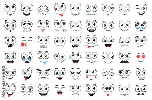 Cartoon faces set. Angry, laughing, smiling, crying, scared and other expressions. Illustration.
