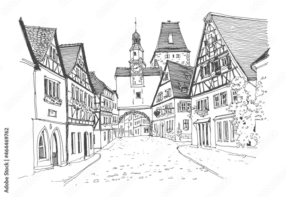 Travel sketch of Bremen, Germany. Historical building line art. Freehand drawing. Hand drawn travel postcard. Hand drawing of Bremen. Urban sketch in black color isolated on white background.