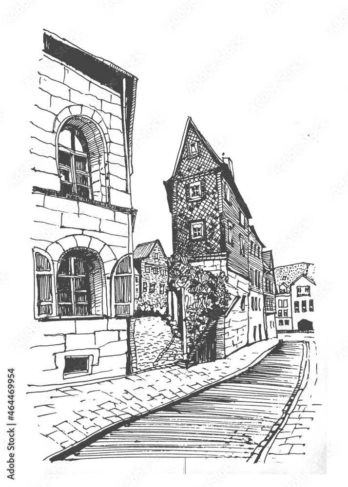 Obraz premium Travel sketch of Bavaria, Germany. Hand drawing of old town. Historical building line art. Hand drawn travel postcard. Urban sketch in black color isolated on white background.