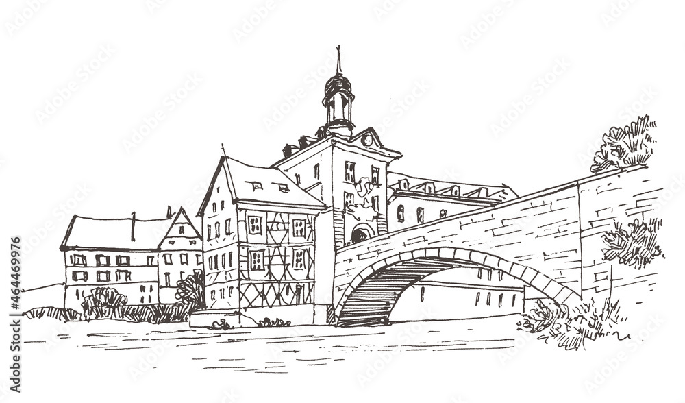 Travel sketch illustration of  Bamberg, Germany, Europe. Sketchy line art drawing with a pen on paper. Hand drawn. Urban sketch in black color isolated on white background. Freehand drawing. 