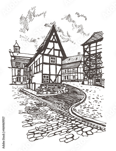 Travel sketch of Quedlinburg, Germany. Hand drawing of old town, Quedlinburg. Historical building line art. Hand drawn travel postcard. Urban sketch in black color isolated on white background.