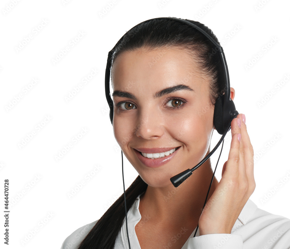 Beautiful young consulting manager with headset on white background Beautiful young consulting manager with headset on white background