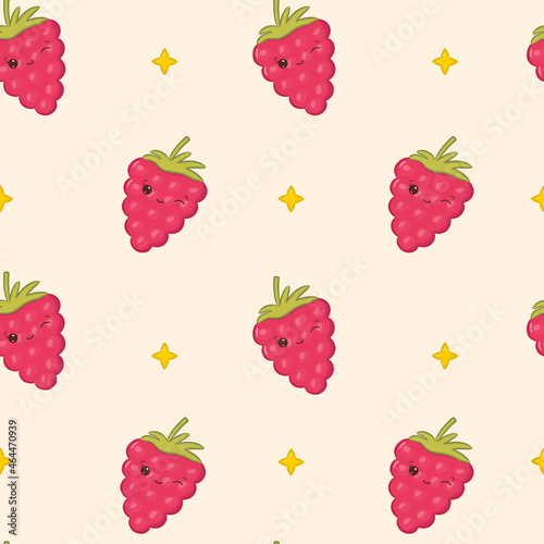 Seamless pattern with kawaii raspberries and stars. Cute pattern for decoration design, backgrounds, stationery, fashion, wrapping paper, textile, scrapbooking and web design. Vector illustration.