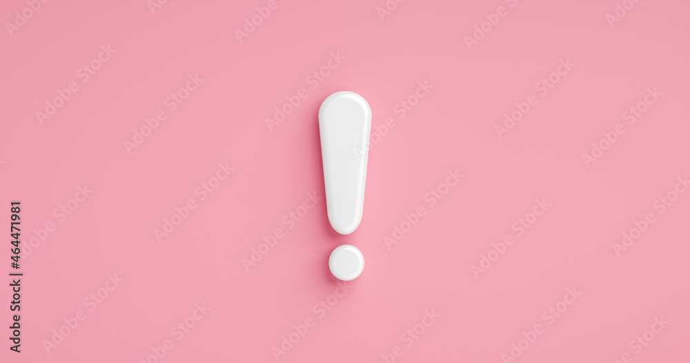Pink warning sign attention message icon or white exclamation mark for medical female caution risk and flat design alert symbol isolated on illustration 3d web background with important woman problem. - obrazy, fototapety, plakaty 