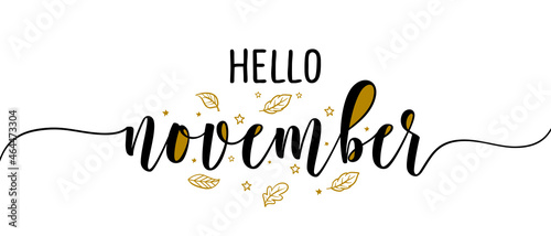 Hello November - Inspirational happy fall, autumn beautiful handwritten quote, gift tag, lettering message. Hand drawn autumn, November phrase. Handwritten modern brush calligraphy. Happy Thanksgiving