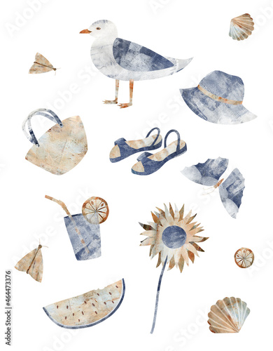Set of vacation elements isolated on white background. Summer sea poster, clipart.
