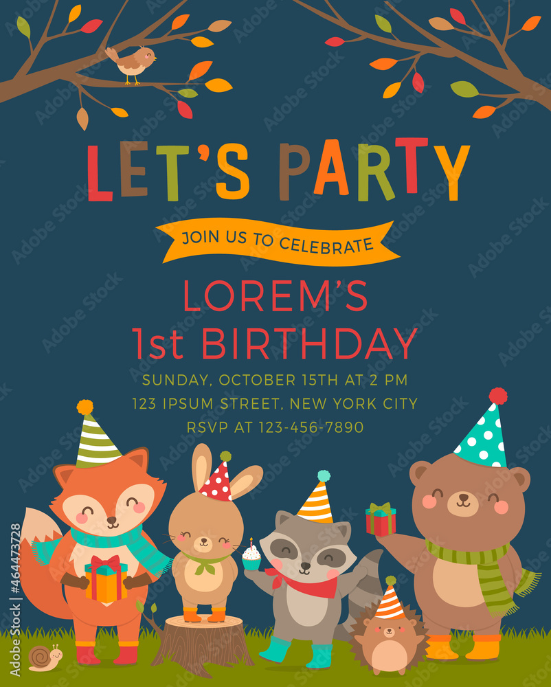 Cute wildlife cartoon animals illustration for kids party invitation card template. Cute wildlife cartoon animals illustration for kids party invitation card template.