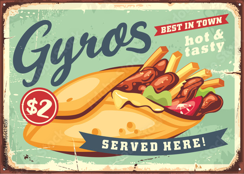Gyros vintage metal sign advertisement for fast food restaurant. Kebab  graphic illustration. Vector gyros poster for diner or street food stand.