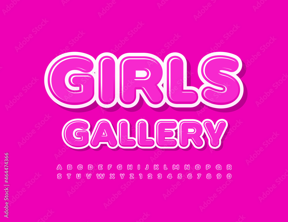 Vector stylish Sign Girls Gallery. Glossy Pink Font. Artistic Alphabet Letters and Numbers set