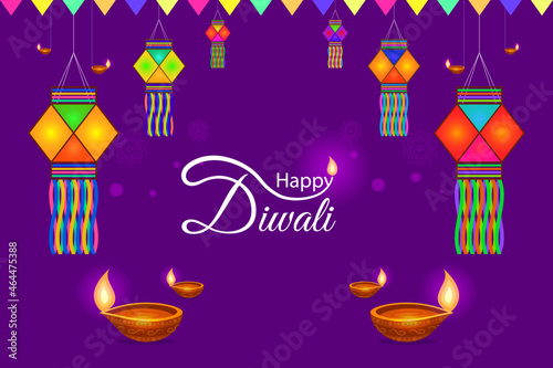 Diwali decorated greeting background for websites and social media. Decorated Diwali lantern or kandil with Happy Diwali typography. photo
