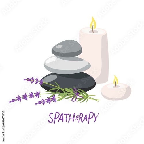 Spa therapy. Composition with massage stones, candles, lavender plant In fashionable modern style in pastel tones. Beauty spa treatment and relax concept for wellness, thai massage, meditation center.
