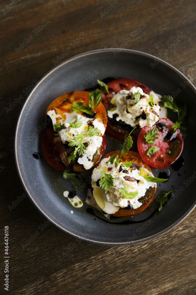 Tomatoes with fresh cheese and balsamic Tomatoes with fresh cheese and balsamic