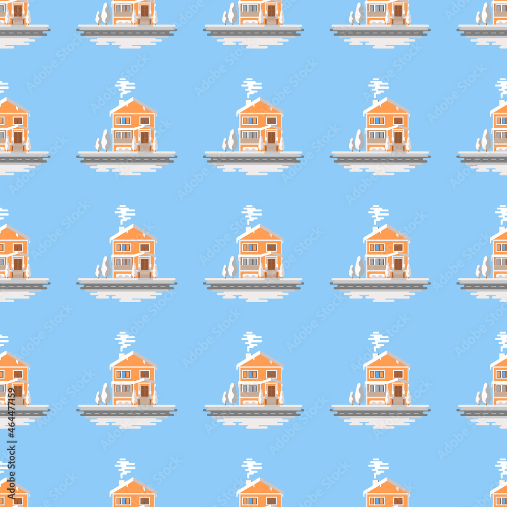 Snowy house seamless pattern on blue background. Christmas pattern vector.