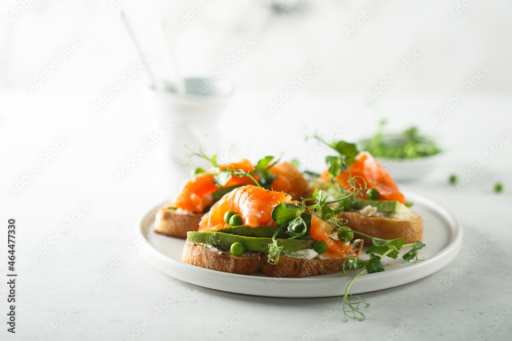 Homemade salmon bruschetta with green pea Homemade salmon bruschetta with green pea