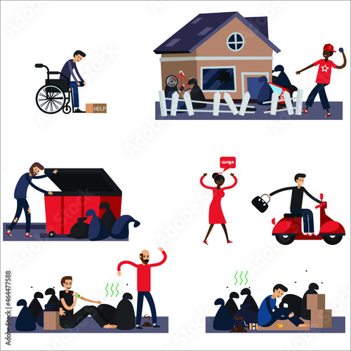Colored and isolated ghetto slum flat icon set with people living in in bad conditions vector illustration