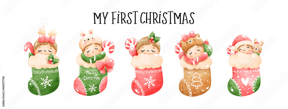 Digital painting watercolor Christmas baby in sock banner. Christmas element vector.