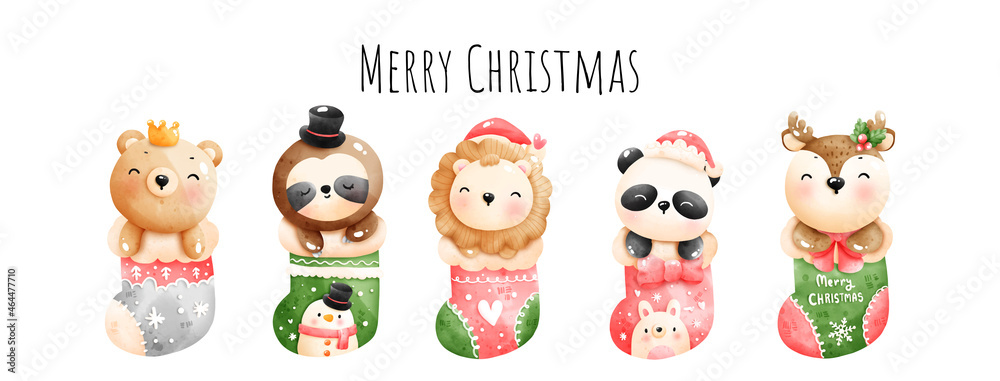 Digital painting watercolor Merry Christmas banner, Christmas animal vector. 