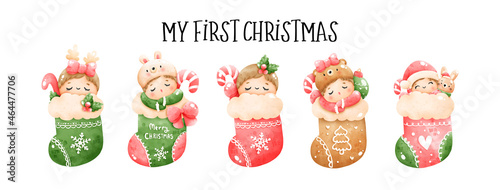 Digital painting watercolor Christmas baby in sock banner. Christmas element vector.