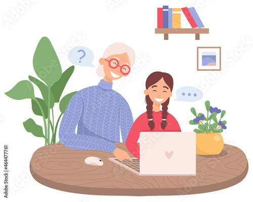 A granddaughter helps her grandmother using the laptop computer. The concept of generational communication.