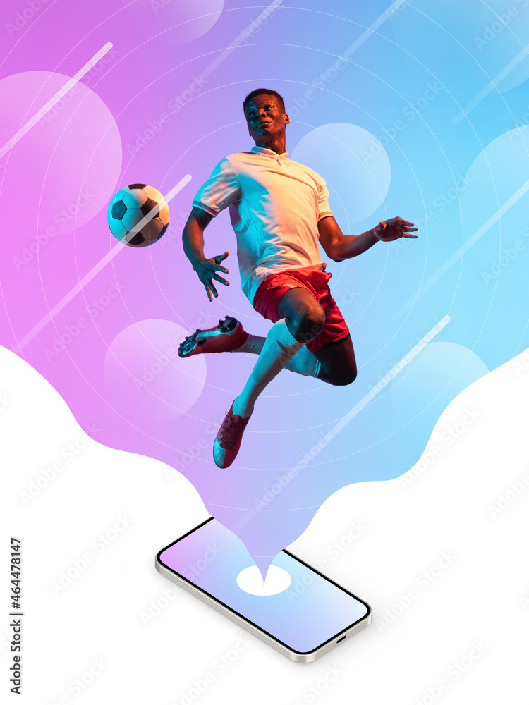 Contemporary art collage. Inspiration, idea, magazine style. Sport. Professional male soccer, football player on bright neon abstract background